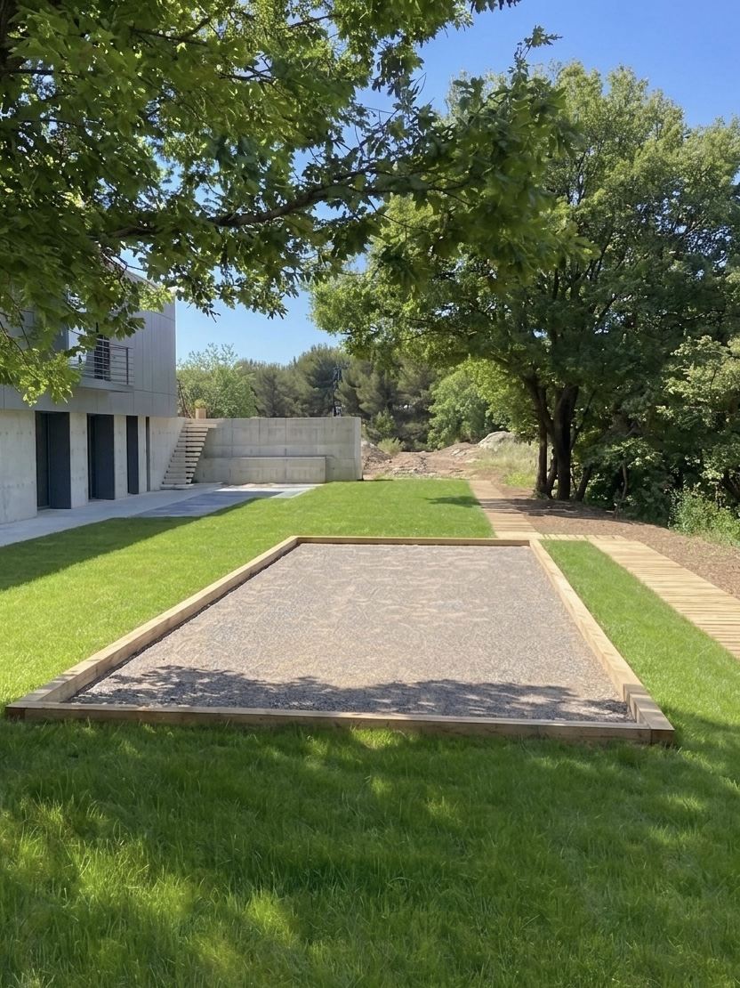 Jardin engazonné avec bac de gravier et cheminement bois